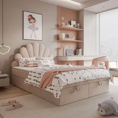 A bedroom scene featuring a bed, desk, and shelves, decorated in soft pink and beige tones.