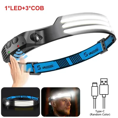 Image de Lampe frontale - LED COB - 3 LED blanches - 1000 mAh - Rechargeable par USB - Détecteur de mouvement - Idéale pour le camping et la pêche