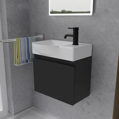 Produktbild von Alpenberger Waschtisch mit Unterschrank | Gäste WC Waschbecken Klein 45 cm Breit | Keramik Aufsatzwaschbecken mit Waschbeckenunterschrank | Badmöbel Set Hängend | Waschtischunterschrank Schwarz Matt