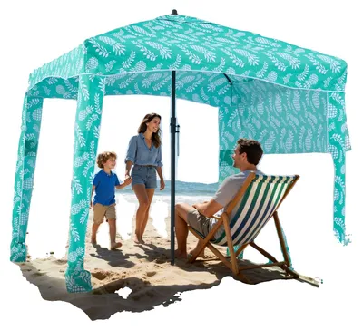 Produktbild von VEVOR Strandcabanas, 2,4 x 2,4 m Strandüberdachung mit Seitenwand, UPF 50+ Schutz, einfach aufzubauendes Cabanazelt mit Sandtaschen, höhenverstellbarer tragbarer Schatten-Sonnenschutzschirm für die Familie, marineblau gestreift, 183x183 cm-b, Hellgrünes Muster