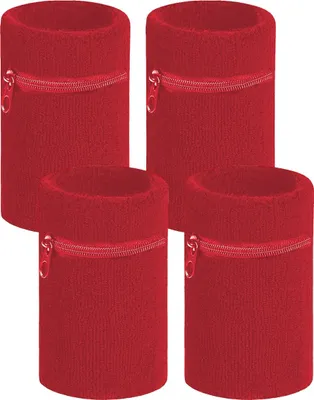 Immagine prodotto di Arowell Fascia antisudore premium con tasca e cerniera – 12 x 8 cm – Rosso – Confezione da 4