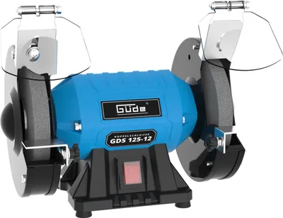 A blue and black bench grinder with two grinding wheels, shown from a three-quarter front angle on a white background.