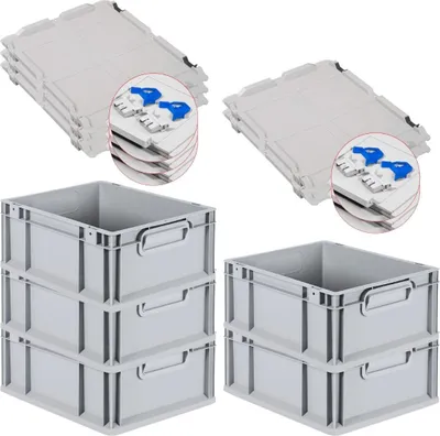 Produktbild von SuperSparSet 5x Eurobox NextGen Economy mit Scharnierdeckel und blauen Schiebeschnappverschlüssen | Griffe geschlossen | HxBxT 17x30x40cm | 16 Liter | Eurobehälter, Transportbox, Transportbehälter, Stapelbehälter