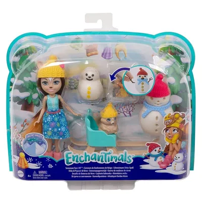 Immagine prodotto di Divertente decorazione per pupazzi di neve Enchantimals con bambola scoiattolo Sharlotte (15,24 cm), figura animale Walnut, 2 figure di pupazzo di neve e accessori