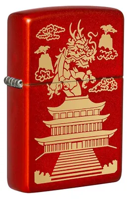Winddichtes Feuerzeug, rot matt, Drachen-Design, nachfüllbar