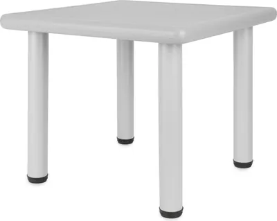 A square, light gray children's table with four cylindrical legs.