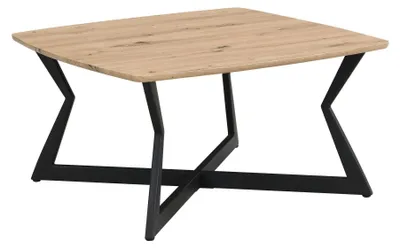 Couchtisch Quadratisch 75x75cm Eiche-Optik mit schwarzem Zickzack-Metallgestell in Gesamtansicht.