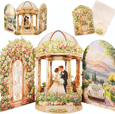 Produktbild von 3D Glückwunschkarte Pop-up Hochzeit, mit Brautpaar und Hochzeitsauto, für Hochzeit