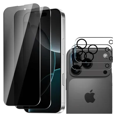 A product shot showing screen protectors and camera lens protectors for an iPhone.