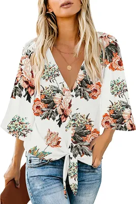 Image de ASKSA Chemisier Femme Elégant Motif Fleurs Mousseline Manches Bell Col V Chemise Casual Eté Hauts, Blanc, XL