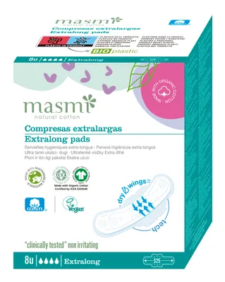 Zdjęcie produktu dla Masmi Natural Bawełna Ekstradługie podpaski z organicznej bawełny, 8 sztuk