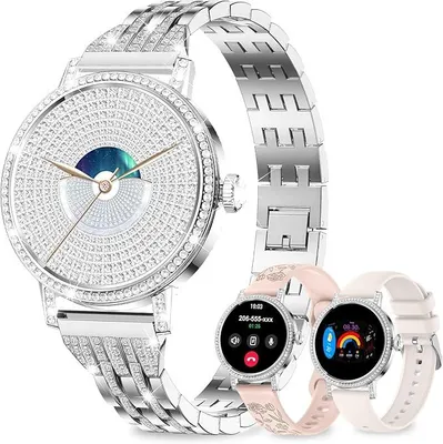 Produktbild von Smartwatch Damen mit Telefonfunktion Diamant,1,27"HD Bluetooth-Anrufe,3 Armbänder,SpO2/Blutdruck/Schlaf/Schritte/Kalorien120 Sportmodi IP68 Fitnessuhr