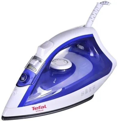 A studio shot of a TEFAL Virtuo steam iron against a white background.