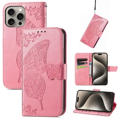 Image de Étui pour iPhone 16 Pro d'Apple en simili cuir, motif papillon, rose