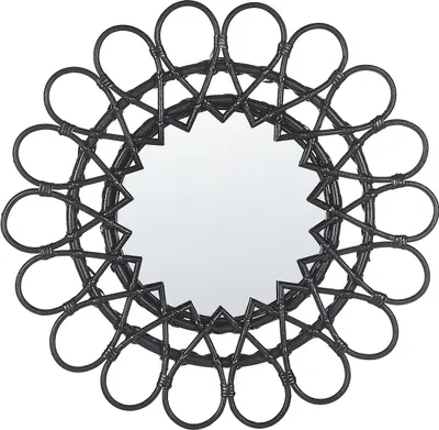 Produktbild von BELIANI Wandspiegel Schwarz Rattan 60 cm Rund Sonnenform Handgefertigt Boho für Wohnzimmer für Schlafzimmer Flur
