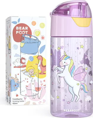A product shot of a children's drinking bottle and its packaging.