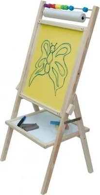 A wooden easel for children with a drawing of a butterfly on the yellow board and art supplies on the tray below.