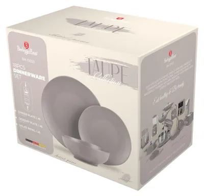 A product box for a dinnerware set, showing the collection name and product details.
