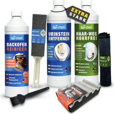 Produktbild von bio-chem Power Reiniger Set 6-teilig - 1x Haar-Weg Abflussfrei, 1x Urinsteinentferner, 1x Backofenreiniger + Pinsel, Bimsstein, Schwamm & Tuch - Starker Abflussreiniger, Toilettenreiniger & Fettlöser