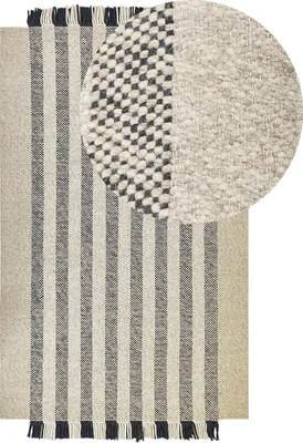Produktbild von BELIANI Teppich Cremeweiß / Schwarz Wolle 160 x 230 cm Rechteckig Handgewebt Streifenmuster Kurzflor mit Fransen Boho Wohnzimmer Schlafzimmer Flur