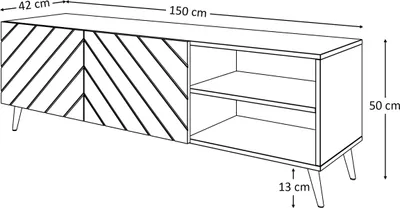 A line drawing of a TV stand with dimensions indicated.