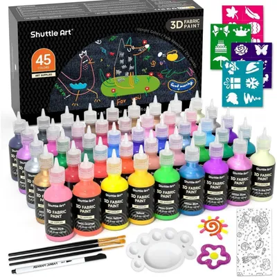 Obrázok produktu pre Textilná farba 45, 3D farby na textílie, odolné proti vypraniu, 30 ml, s štetcom, vzorkovník 9, metalické farby 4, trblietavé farby, neónové farby