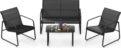 A black outdoor furniture set including two chairs, a bench, and a coffee table with drinks on it, displayed on a white background.
