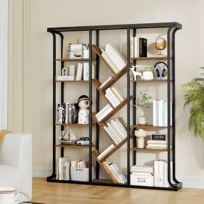 Immagine prodotto di Libreria a forma di albero, 6 ripiani, 17 scomparti, dimensioni 24 x 156 x 180 cm, stile vintage, colore marrone e nero