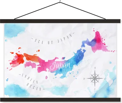 Produktbild von MuchoWow® Textilposter Karte - Farbe - Japan 60x40 cm mit schwarzem Rahmen - Hölzernes