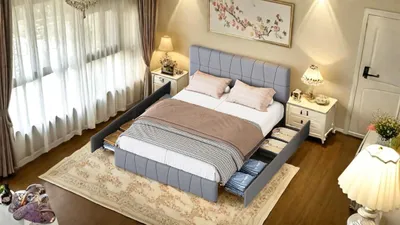 Produktbild von Graues Doppelbett 160 x 200 cm, Samtbezug, Bettgestell mit 4 Schubladen, Matratze nicht im Lieferumfang enthalten