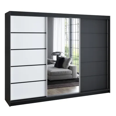 Produktbild von Schwebetürenschrank 200 cm, 3-türig, mit Spiegel & 4 Schubladen, Retro-Stil, modern, in Weiß/Schwarz/Sonoma – Kleiderschrank VILUNO 2