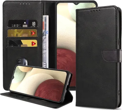 Zdjęcie produktu dla Etui na telefon Samsung Galaxy A12 ze sztucznej skóry z magnetyczną wargą i etui na karty z klapką - czarne - Smartphonics