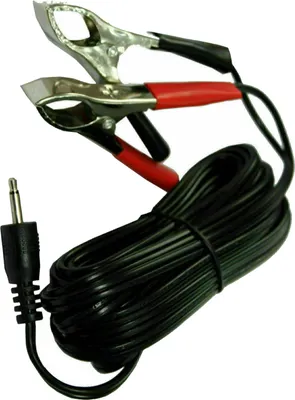 A close-up shot of a black cable with alligator clips and a 3.5mm jack.