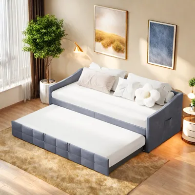 Produktbild von Schlafsessel mit Bettfunktion 90x200, Ausziehbar Schlafsofa als Jugendbett/einzelbetten, Tagesbett 2 Sitzer für Wohnzimmer, Schlafzimmer, Grau Samt