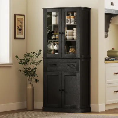 Produktbild von Küchenschrank mit Acrylfront, Buffetschrank Sideboards, Hochschrank mit Schubladen, Schwarz | 76 x 40 x 182,5 cm | MDF & Spanplatte | 3 Regalebenen