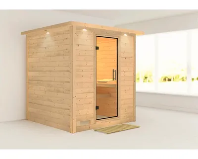 Produktbild von Massivholzsauna Karibu Wojave ohne Ofen mit Dachkranz und Ganzglastüre aus Klarglas
