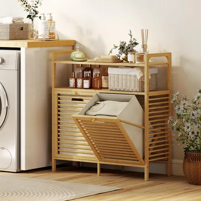 Zdjęcie produktu dla Półka na pranie z 2 koszami na bieliznę, bambusowy sorter na pranie, półka z pojemnikami na bieliznę, wykonana z naturalnego drewna | 82 x 33 x 88 cm | 2 x 41 litrów | Zabezpieczenie przed przewróceniem