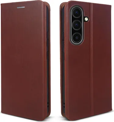A brown leather flip case for a smartphone is shown from two angles.