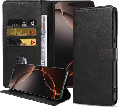 Produktbild von Fit für iPhone 16 Pro Max Handytasche Kunstleder mit magnetischer Lippe und Kartenhalter Buchhülle mit Klappe - Schwarz - Smartphonics