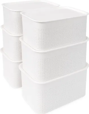Image de Lot de 6 boîtes de rangement Relaxdays, avec couvercle, boîtes de rangement de 5 L, dimensions : 13 x 26,5 x 19 cm, boîtes empilables en plastique, blanches
