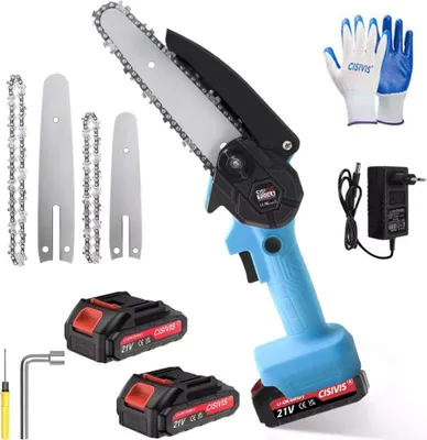 A collection of items for a mini chainsaw kit, including the chainsaw, extra chains and guide bars, batteries, a charger, and gloves.