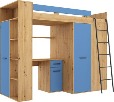 Podkrovná posteľ VERANA R (pravá) Poschodová posteľ Predsieň 90x200 Šatníková skriňa Policové schody ARTISAN OAK / BLUE