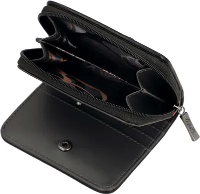 An open black wallet with a colorful patterned interior.