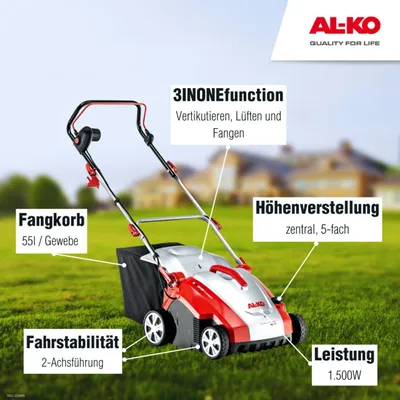Produktbild von AL-KO Elektro-Vertikutierer Combi Care 36 E Comfort (36 cm Arbeitsbreite, 1500 Watt Motorleistung, Arbeitstiefe zentral verstellbar, inkl. Vertikutierwalze, Lüfterwalze für Rasenflächen bis 800 m²)