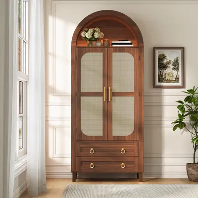 Produktbild von Merax Hochschrank mit Bogen-Nische und LED, Vitrine mit Rattan-Doppeltür, Sideboard mit 2 Schubladen, Wohnzimmerschrank mit Tür-Organizer, Nussbaum