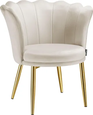 A cream-colored armchair with gold legs against a white background.