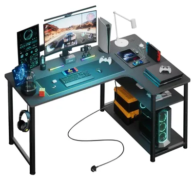 Obrázek produktu pro Herní stůl – rohový počítačový stůl ve tvaru L – 120 cm – s odkládací plochou – USB port pro nabíjení a zásuvka – povrch odolný proti poškrábání – černý