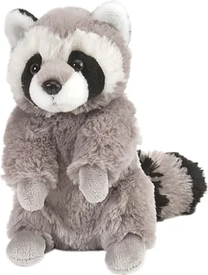 A plush toy raccoon sitting on a white background.