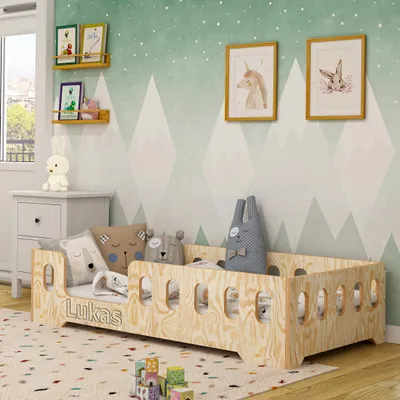 Produktbild von ACMA Kinderbett 140x70 cm MIKI L Holz Natur - Juniorbett aus Sperrholz mit Lattenrost, Montessori Bodenbett, Kinderzimmer Bett, stabiles Holzbett