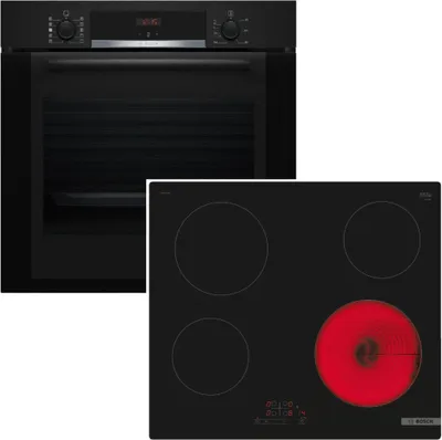 A black oven and a black induction hob are shown side-by-side against a white background.